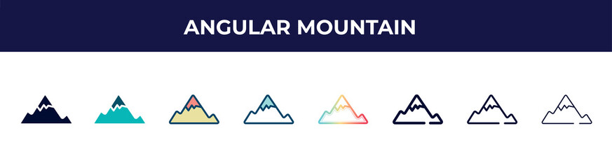 angular mountain icon in 8 styles. line, filled, glyph, thin outline, colorful, stroke and gradient styles, angular mountain vector sign. symbol, logo illustration. different style icons set.