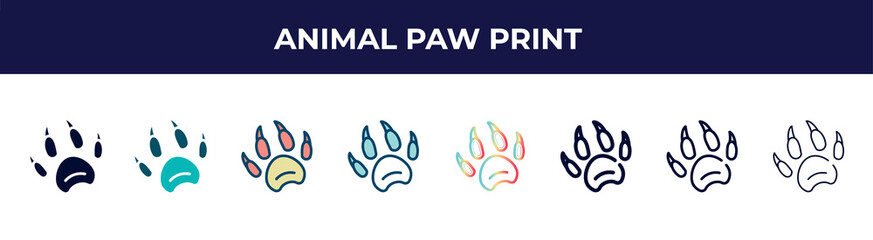 animal paw print icon in 8 styles. line, filled, glyph, thin outline, colorful, stroke and gradient styles, animal paw print vector sign. symbol, logo illustration. different style icons set.