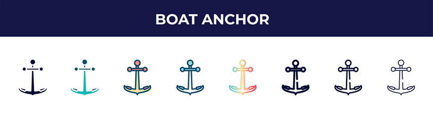 boat anchor icon in 8 styles. line, filled, glyph, thin outline, colorful, stroke and gradient styles, boat anchor vector sign. symbol, logo illustration. different style icons set. © VectorStockDesign