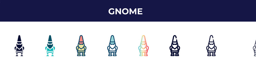 gnome icon in 8 styles. line, filled, glyph, thin outline, colorful, stroke and gradient styles, gnome vector sign. symbol, logo illustration. different style icons set.