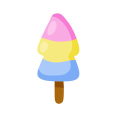 Ice cream on stick. Summer dessert. Multi-colored delicacy. Blue, yellow and pink glaze. Flat cartoon illustration
