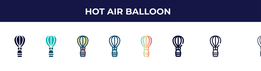 hot air balloon icon in 8 styles. line, filled, glyph, thin outline, colorful, stroke and gradient styles, hot air balloon vector sign. symbol, logo illustration. different style icons set.