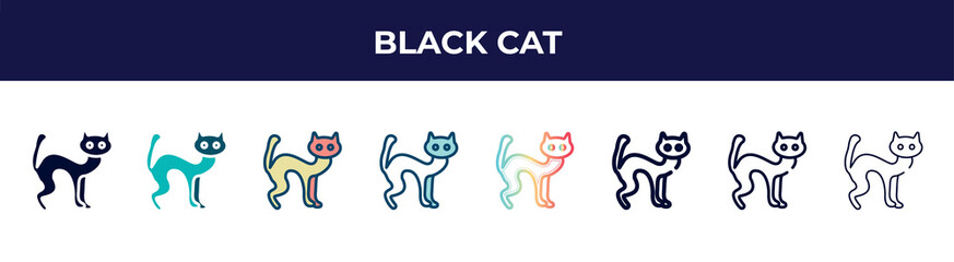 black cat icon in 8 styles. line, filled, glyph, thin outline, colorful, stroke and gradient styles, black cat vector sign. symbol, logo illustration. different style icons set.