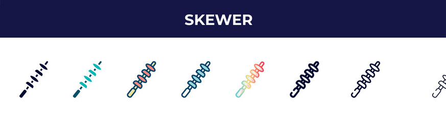 skewer icon in 8 styles. line, filled, glyph, thin outline, colorful, stroke and gradient styles, skewer vector sign. symbol, logo illustration. different style icons set.