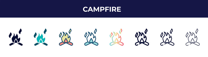 campfire icon in 8 styles. line, filled, glyph, thin outline, colorful, stroke and gradient styles, campfire vector sign. symbol, logo illustration. different style icons set.