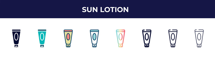 sun lotion icon in 8 styles. line, filled, glyph, thin outline, colorful, stroke and gradient styles, sun lotion vector sign. symbol, logo illustration. different style icons set.