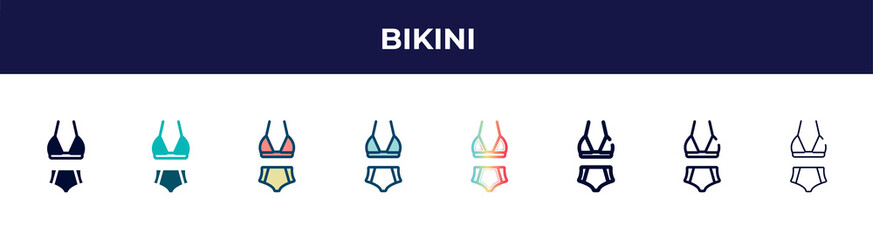 bikini icon in 8 styles. line, filled, glyph, thin outline, colorful, stroke and gradient styles, bikini vector sign. symbol, logo illustration. different style icons set.