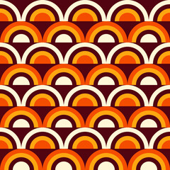 Mid-century modern style seamless pattern with semi circles. 1960s inspired vector wallpaper design. Colorful repeating background. Groovy geometric illustration.	