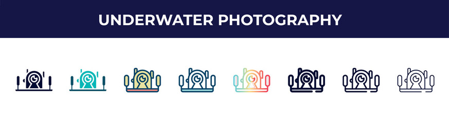 underwater photography icon in 8 styles. line, filled, glyph, thin outline, colorful, stroke and gradient styles, underwater photography vector sign. symbol, logo illustration. different style icons