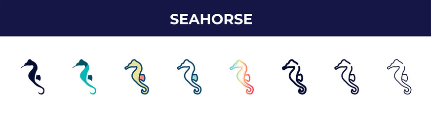 seahorse icon in 8 styles. line, filled, glyph, thin outline, colorful, stroke and gradient styles, seahorse vector sign. symbol, logo illustration. different style icons set.