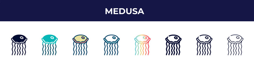 medusa icon in 8 styles. line, filled, glyph, thin outline, colorful, stroke and gradient styles, medusa vector sign. symbol, logo illustration. different style icons set.