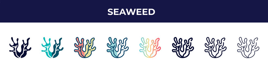 Fototapeta na wymiar seaweed icon in 8 styles. line, filled, glyph, thin outline, colorful, stroke and gradient styles, seaweed vector sign. symbol, logo illustration. different style icons set.