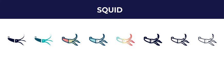 squid icon in 8 styles. line, filled, glyph, thin outline, colorful, stroke and gradient styles, squid vector sign. symbol, logo illustration. different style icons set.