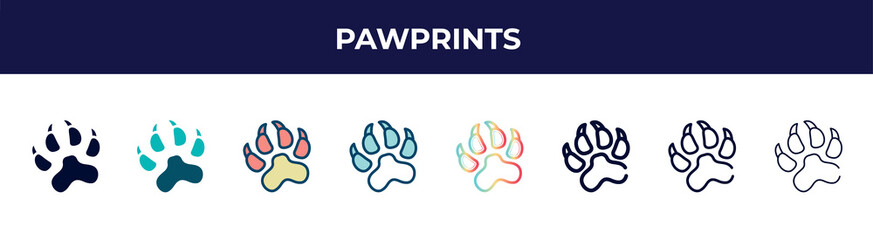 pawprints icon in 8 styles. line, filled, glyph, thin outline, colorful, stroke and gradient styles, pawprints vector sign. symbol, logo illustration. different style icons set.