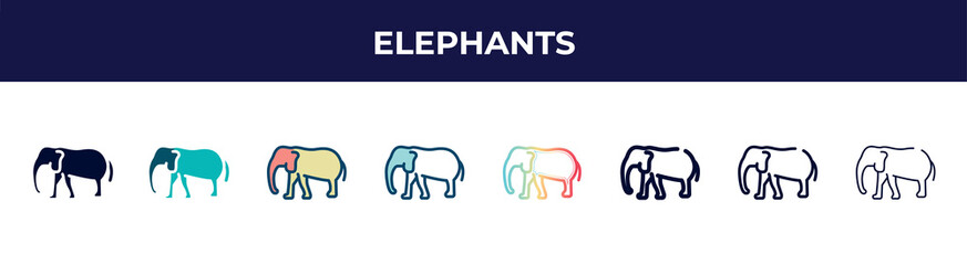elephants icon in 8 styles. line, filled, glyph, thin outline, colorful, stroke and gradient styles, elephants vector sign. symbol, logo illustration. different style icons set.