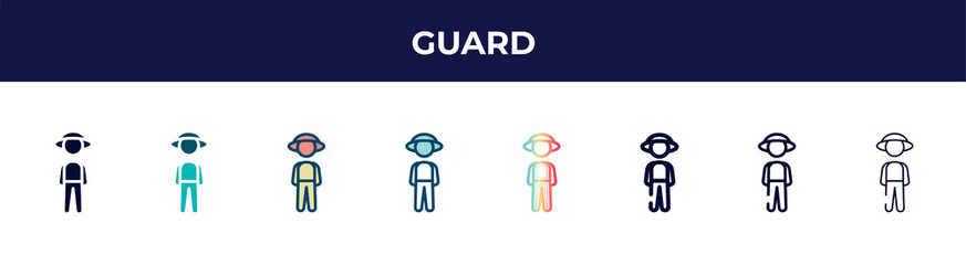 guard icon in 8 styles. line, filled, glyph, thin outline, colorful, stroke and gradient styles, guard vector sign. symbol, logo illustration. different style icons set.