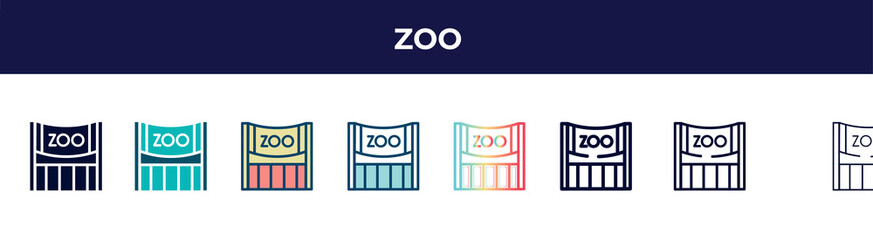 zoo icon in 8 styles. line, filled, glyph, thin outline, colorful, stroke and gradient styles, zoo vector sign. symbol, logo illustration. different style icons set.