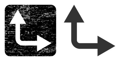 Vector bifurcation arrow right up carved icon. Grunge bifurcation arrow right up seal stamp, done from icon and rounded square.