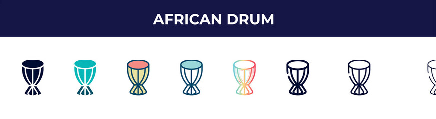 african drum icon in 8 styles. line, filled, glyph, thin outline, colorful, stroke and gradient styles, african drum vector sign. symbol, logo illustration. different style icons set.