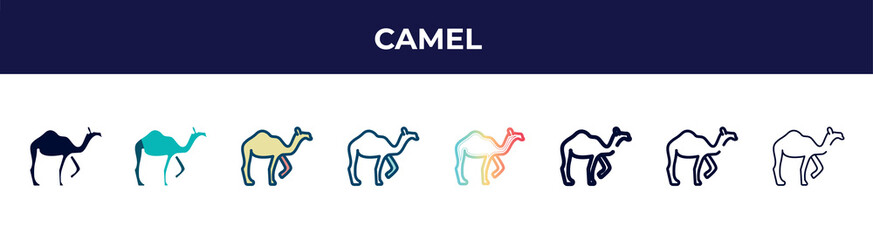 camel icon in 8 styles. line, filled, glyph, thin outline, colorful, stroke and gradient styles, camel vector sign. symbol, logo illustration. different style icons set.