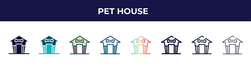 pet house icon in 8 styles. line, filled, glyph, thin outline, colorful, stroke and gradient styles, pet house vector sign. symbol, logo illustration. different style icons set.