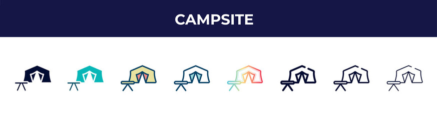 campsite icon in 8 styles. line, filled, glyph, thin outline, colorful, stroke and gradient styles, campsite vector sign. symbol, logo illustration. different style icons set. - obrazy, fototapety, plakaty