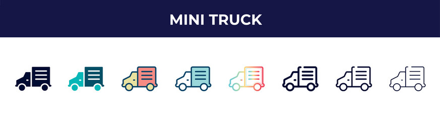 mini truck icon in 8 styles. line, filled, glyph, thin outline, colorful, stroke and gradient styles, mini truck vector sign. symbol, logo illustration. different style icons set.
