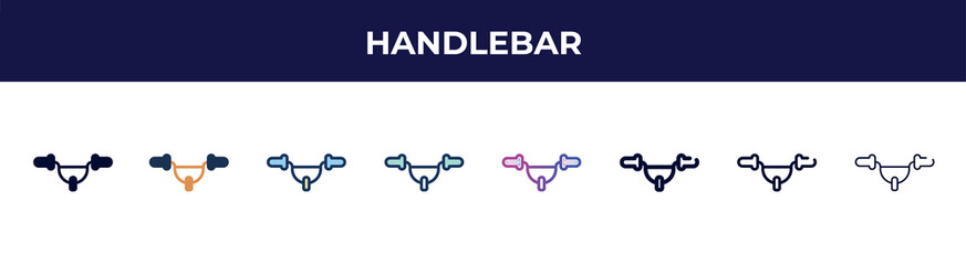 handlebar icon in 8 styles. line, filled, glyph, thin outline, colorful, stroke and gradient styles, handlebar vector sign. symbol, logo illustration. different style icons set.