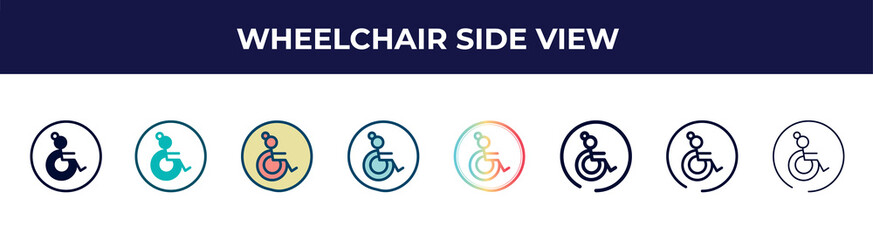 wheelchair side view icon in 8 styles. line, filled, glyph, thin outline, colorful, stroke and gradient styles, wheelchair side view vector sign. symbol, logo illustration. different style icons