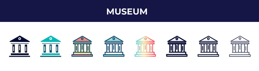 museum icon in 8 styles. line, filled, glyph, thin outline, colorful, stroke and gradient styles, museum vector sign. symbol, logo illustration. different style icons set.