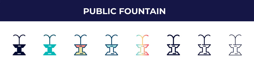 public fountain icon in 8 styles. line, filled, glyph, thin outline, colorful, stroke and gradient styles, public fountain vector sign. symbol, logo illustration. different style icons set.