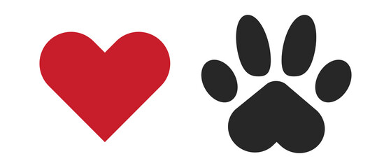 Fototapeta na wymiar Heart mark and paw icon set. Affection and footprints. Pet lovers. Vector.