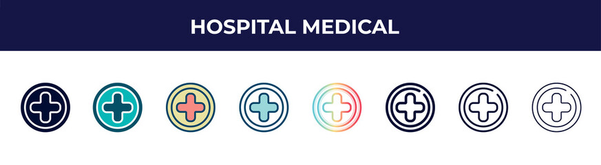 Obraz premium hospital medical icon in 8 styles. line, filled, glyph, thin outline, colorful, stroke and gradient styles, hospital medical vector sign. symbol, logo illustration. different style icons set.