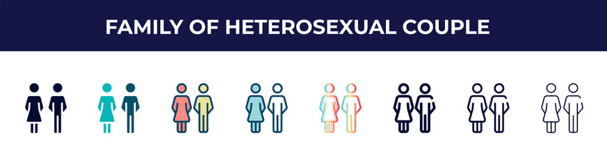 family of heterosexual couple icon in 8 styles. line, filled, glyph, thin outline, colorful, stroke and gradient styles, family of heterosexual couple vector sign. symbol, logo illustration.