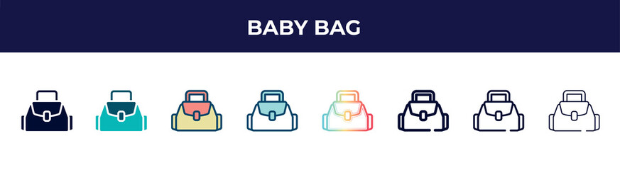 baby bag icon in 8 styles. line, filled, glyph, thin outline, colorful, stroke and gradient styles, baby bag vector sign. symbol, logo illustration. different style icons set.