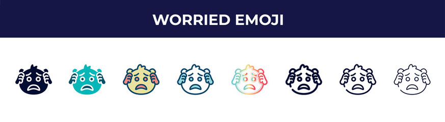 worried emoji icon in 8 styles. line, filled, glyph, thin outline, colorful, stroke and gradient styles, worried emoji vector sign. symbol, logo illustration. different style icons set.