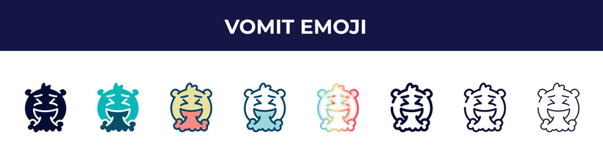 vomit emoji icon in 8 styles. line, filled, glyph, thin outline, colorful, stroke and gradient styles, vomit emoji vector sign. symbol, logo illustration. different style icons set.