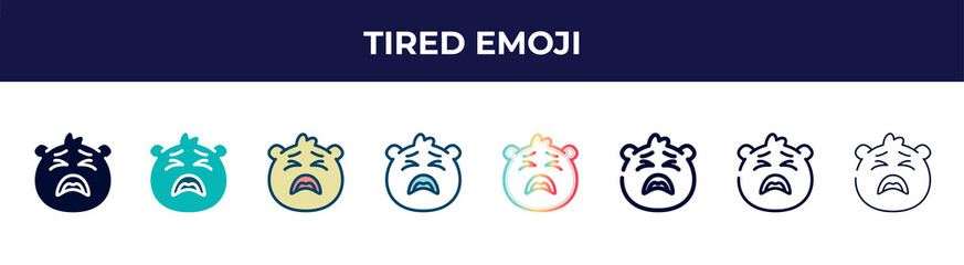 tired emoji icon in 8 styles. line, filled, glyph, thin outline, colorful, stroke and gradient styles, tired emoji vector sign. symbol, logo illustration. different style icons set.