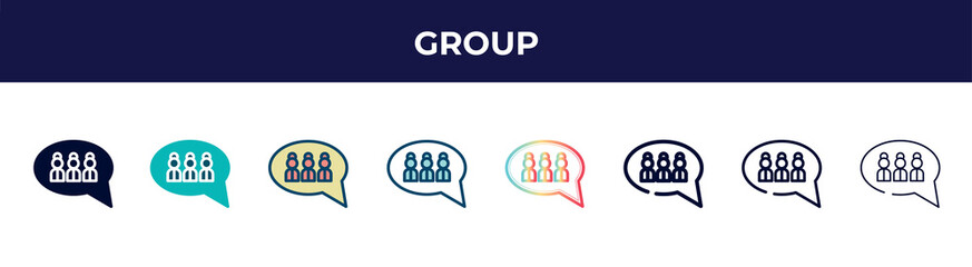 group icon in 8 styles. line, filled, glyph, thin outline, colorful, stroke and gradient styles, group vector sign. symbol, logo illustration. different style icons set.