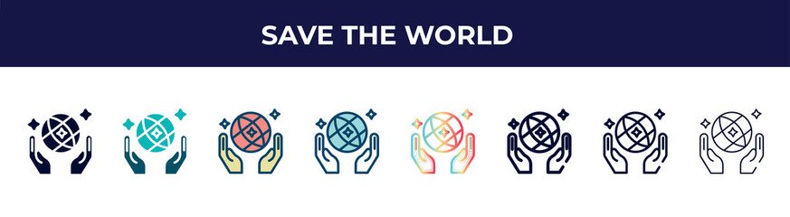 save the world icon in 8 styles. line, filled, glyph, thin outline, colorful, stroke and gradient styles, save the world vector sign. symbol, logo illustration. different style icons set.