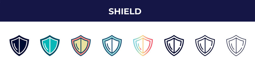 shield icon in 8 styles. line, filled, glyph, thin outline, colorful, stroke and gradient styles, shield vector sign. symbol, logo illustration. different style icons set.