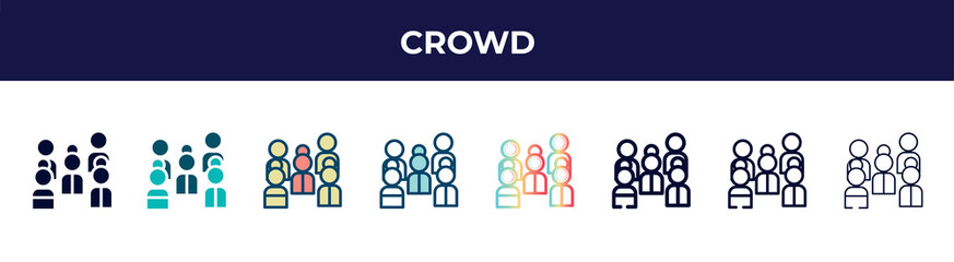 crowd icon in 8 styles. line, filled, glyph, thin outline, colorful, stroke and gradient styles, crowd vector sign. symbol, logo illustration. different style icons set.