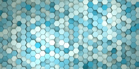 Light abstract geometric background with hexagons in blue and white colors. 3d render
