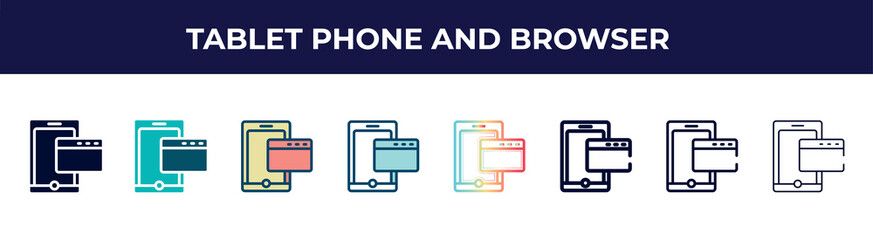 tablet phone and browser icon in 8 styles. line, filled, glyph, thin outline, colorful, stroke and gradient styles, tablet phone and browser vector sign. symbol, logo illustration. different style