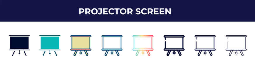 projector screen icon in 8 styles. line, filled, glyph, thin outline, colorful, stroke and gradient styles, projector screen vector sign. symbol, logo illustration. different style icons set.