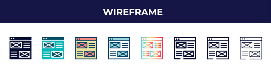wireframe icon in 8 styles. line, filled, glyph, thin outline, colorful, stroke and gradient styles, wireframe vector sign. symbol, logo illustration. different style icons set.