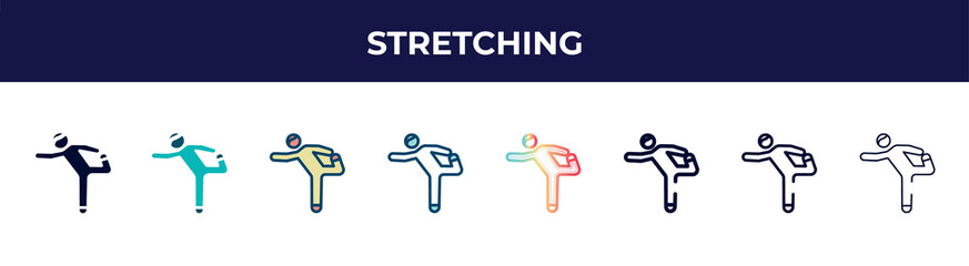 stretching icon in 8 styles. line, filled, glyph, thin outline, colorful, stroke and gradient styles, stretching vector sign. symbol, logo illustration. different style icons set.