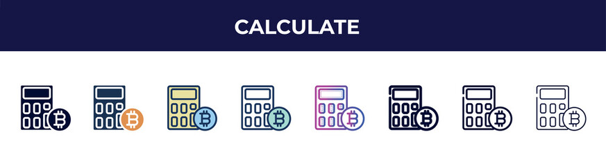 calculate icon in 8 styles. line, filled, glyph, thin outline, colorful, stroke and gradient styles, calculate vector sign. symbol, logo illustration. different style icons set.