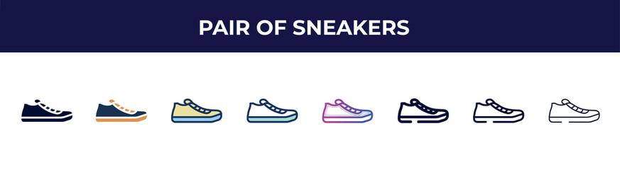 pair of sneakers icon in 8 styles. line, filled, glyph, thin outline, colorful, stroke and gradient styles, pair of sneakers vector sign. symbol, logo illustration. different style icons set.