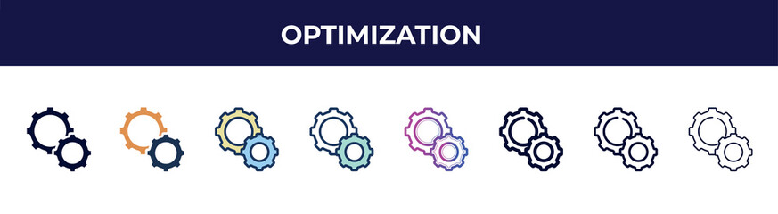 optimization icon in 8 styles. line, filled, glyph, thin outline, colorful, stroke and gradient styles, optimization vector sign. symbol, logo illustration. different style icons set.